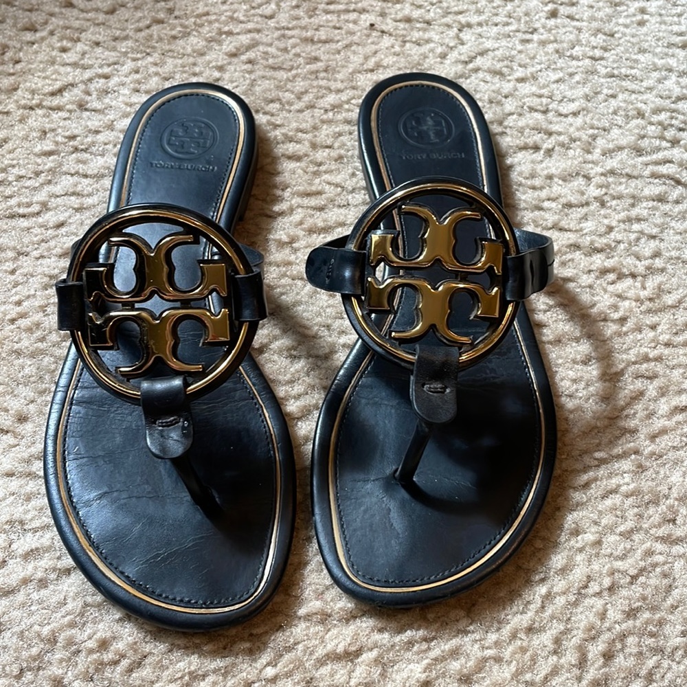 Black and Gold Tory Burch Miller Sandals